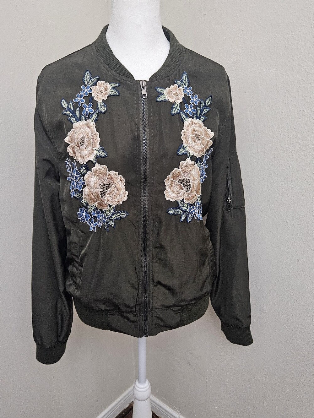 Listicle Olive Green Bomber Jacket with Blush & Blue Floral Embroidery